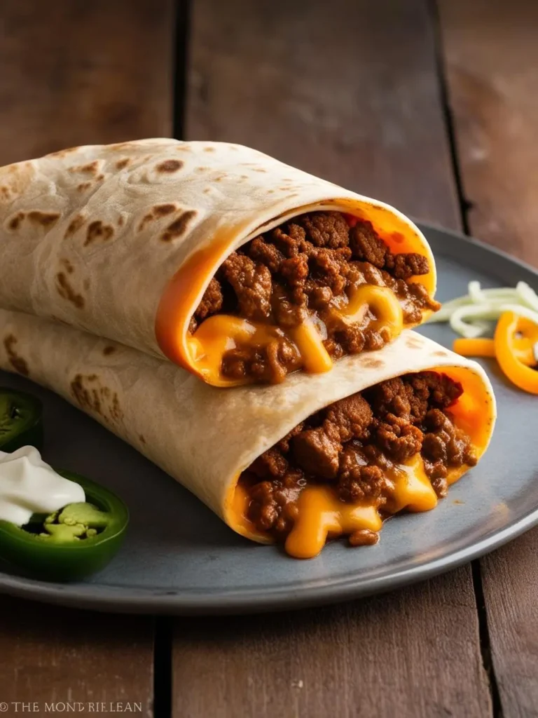 A sizzling beef and cheese burrito on the grey plate