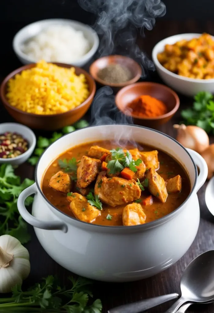 Bowl of rich, golden Indian chicken curry stew garnished with fresh cilantro, served alongside warm naan bread and a side of fluffy rice. A comforting and aromatic dish perfect for savoring bold, traditional flavors