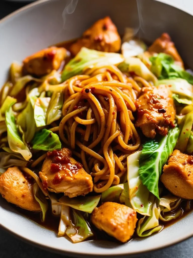 A dish of spicy chicken and cabbage noodles served in a bowl. The noodles are coated in a rich, glossy sauce and mixed with chunks of tender, marinated chicken and vibrant green cabbage. The dish is garnished with a hint of chili flakes, adding a touch of heat, and steam rises from the bowl, indicating it is freshly prepared and hot