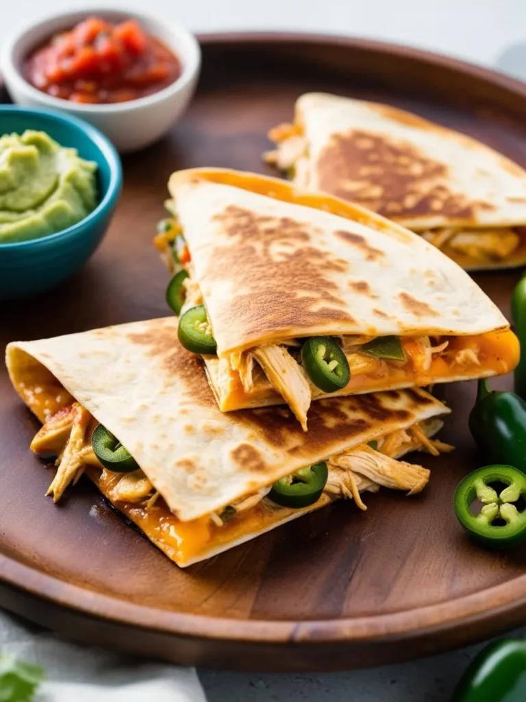 A close-up view of spicy chicken quesadillas served on a wooden platter. The quesadillas are filled with shredded chicken, melted cheese, and slices of fresh jalapeño for a kick of heat. The golden-brown tortillas are crisp and perfectly toasted. In the background, there are bowls of guacamole and salsa, adding a fresh and flavorful dip option to accompany the dish.