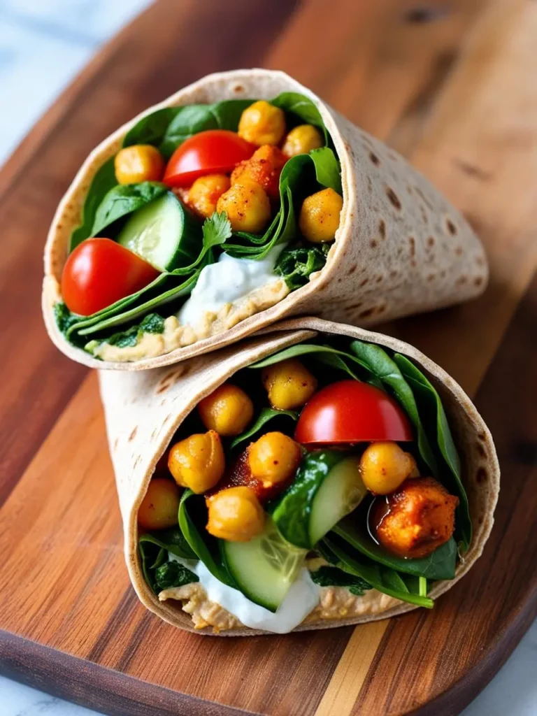 Two halves of a chickpea wrap are displayed on a wooden cutting board. The wrap is filled with spinach, tomatoes, cucumbers, hummus, and roasted chickpeas.