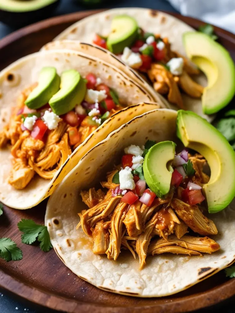 Two soft corn tortillas filled with shredded chicken, topped with avocado, tomato, red onion, cilantro, and crumbled queso fresco. The tacos are arranged on a wooden plate, ready to be enjoyed.