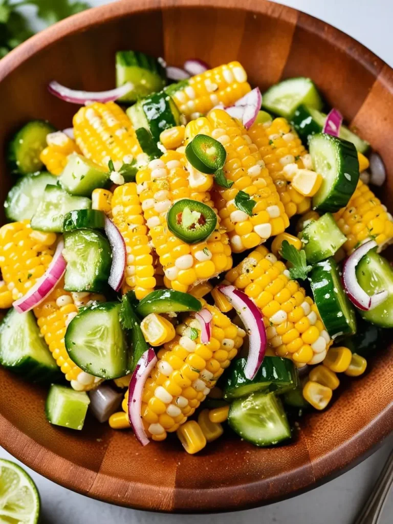 A vibrant bowl of spicy corn and cucumber salad, with colorful ingredients mixed together in a refreshing and appetizing display