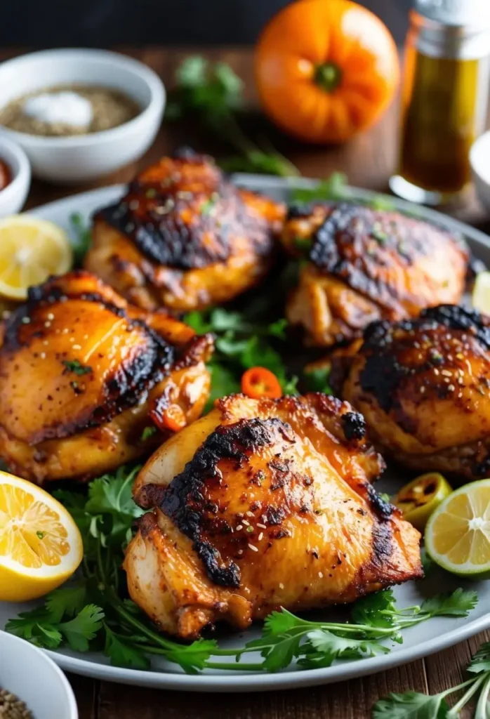 A platter of spicy grilled BBQ chicken thighs surrounded by various ingredients and seasonings