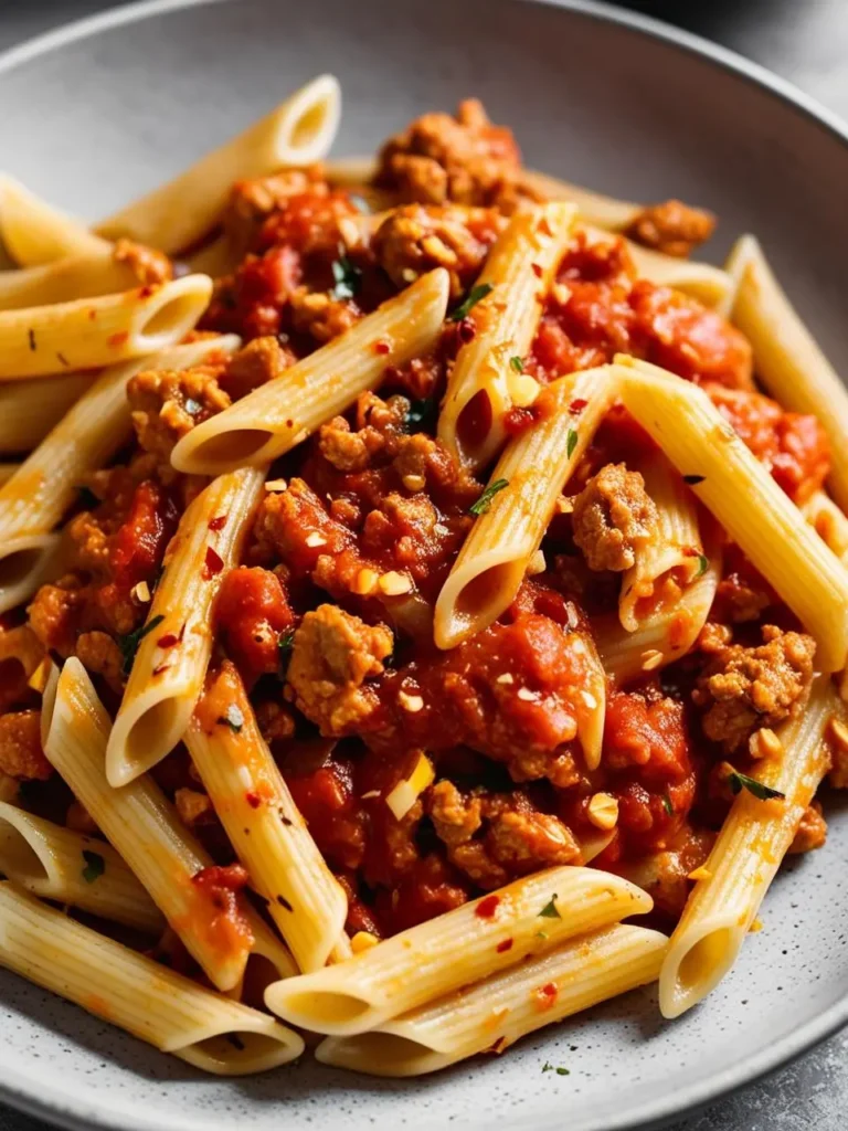 A plate of penne pasta tossed in a rich tomato sauce with ground sausage, topped with fresh parsley. The pasta looks delicious and flavorful.