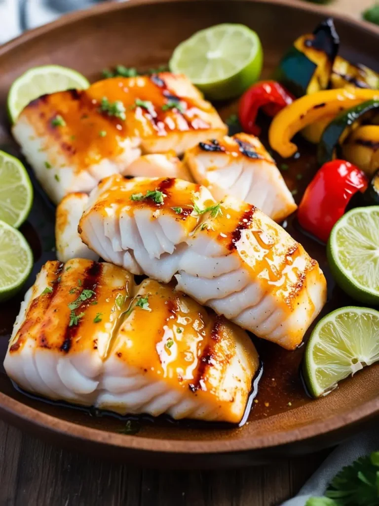 Three golden-brown grilled cod fillets, glazed with a sweet and tangy sauce and surrounded by lime wedges. The fish looks perfectly cooked and incredibly appetizing.