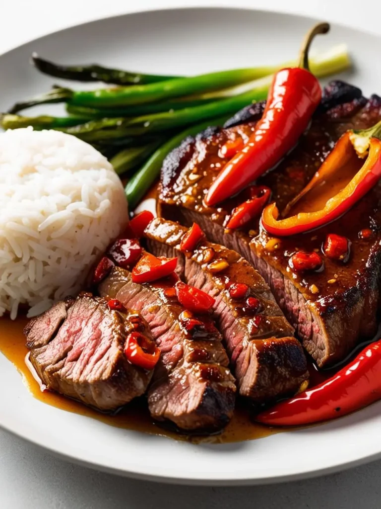 A juicy steak, sliced and covered in a spicy, red sauce. The steak is served with a side of rice and asparagus, and garnished with chili peppers.