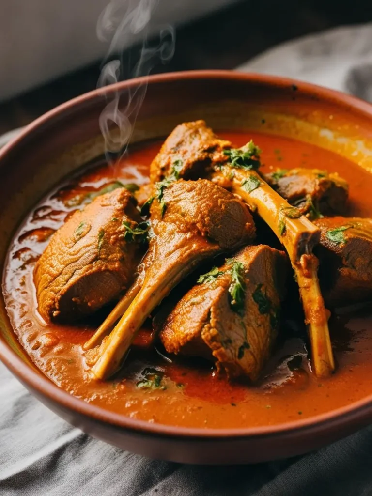 A steaming bowl of lamb curry, with tender pieces of lamb and a rich, flavorful sauce. The curry looks incredibly appetizing and ready to be enjoyed.