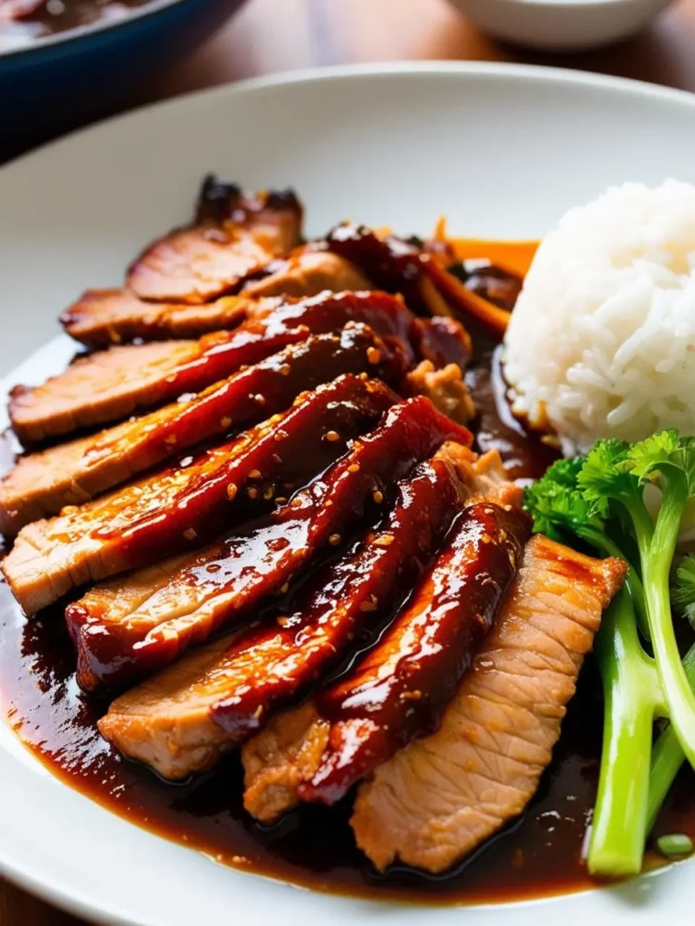 Plate of spicy pork bulgogi served with a mound of steamed white rice and garnished with fresh parsley. The succulent pork is sliced into tender pieces, generously coated in a glossy, spicy-sweet sauce, highlighting the rich flavors and vibrant presentation of this Korean dish