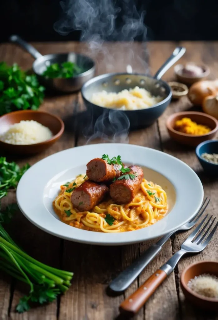 A steaming plate of spicy sausage carbonara surrounded by fresh ingredients and cooking utensils on a rustic wooden table