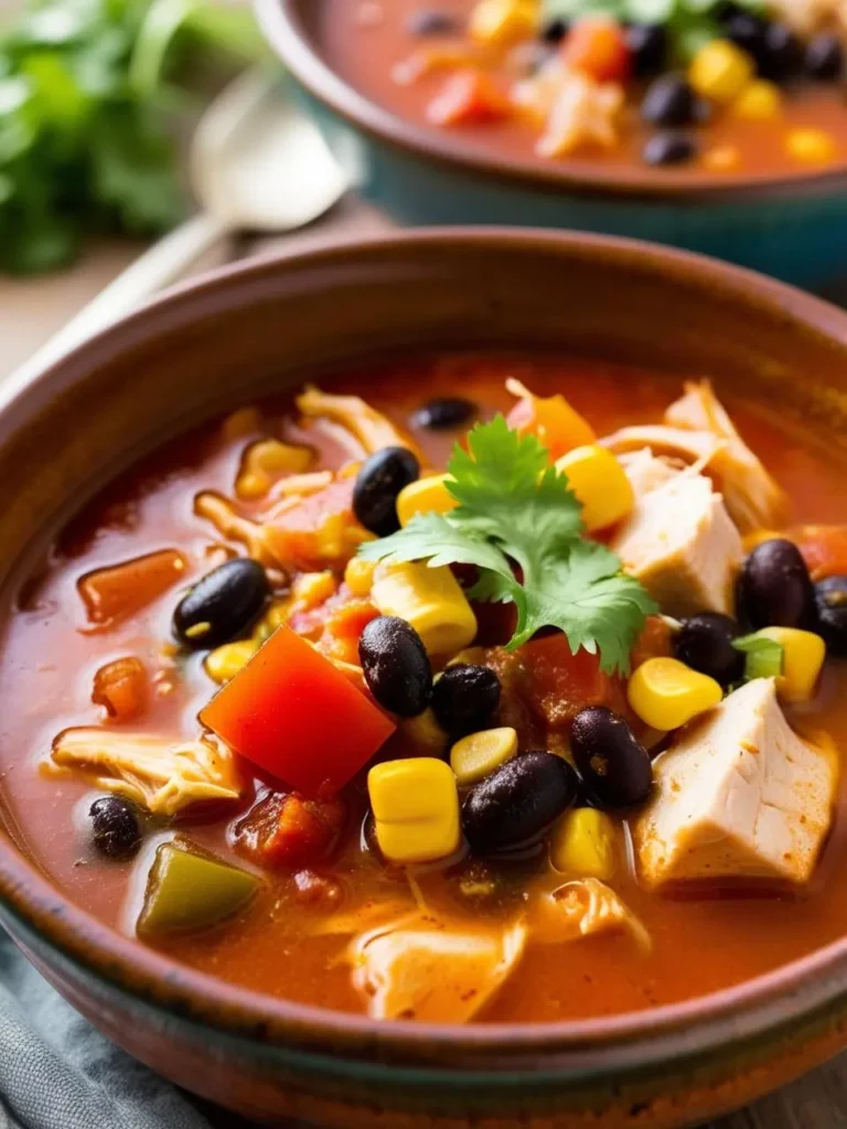 A bowl of hearty turkey chili with black beans, corn, and bell peppers, garnished with fresh cilantro. The chili looks flavorful and perfect for a cold day.