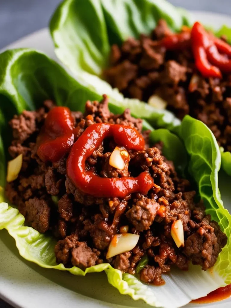 Lettuce wraps filled with seasoned ground beef and topped with a drizzle of hot sauce. The wraps look delicious and flavorful, perfect for a low-carb meal.