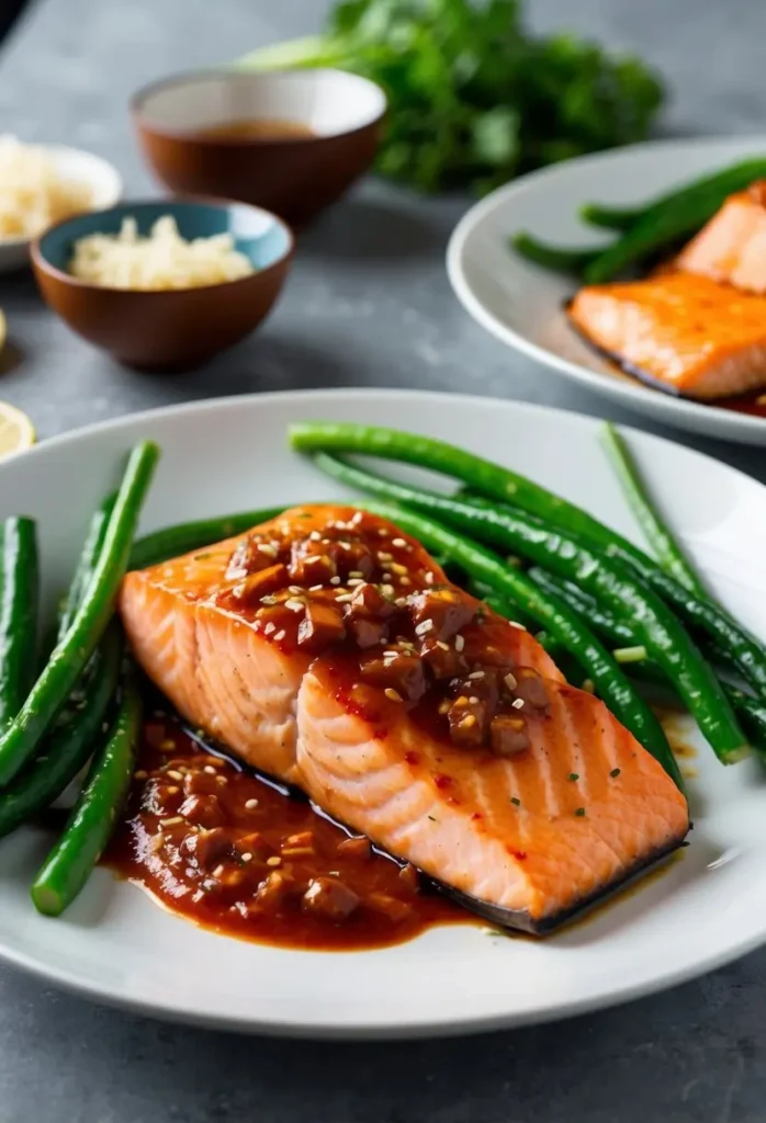 A sizzling salmon fillet glazed in spicy Sriracha miso sauce, surrounded by vibrant green vegetables on a sleek white plate