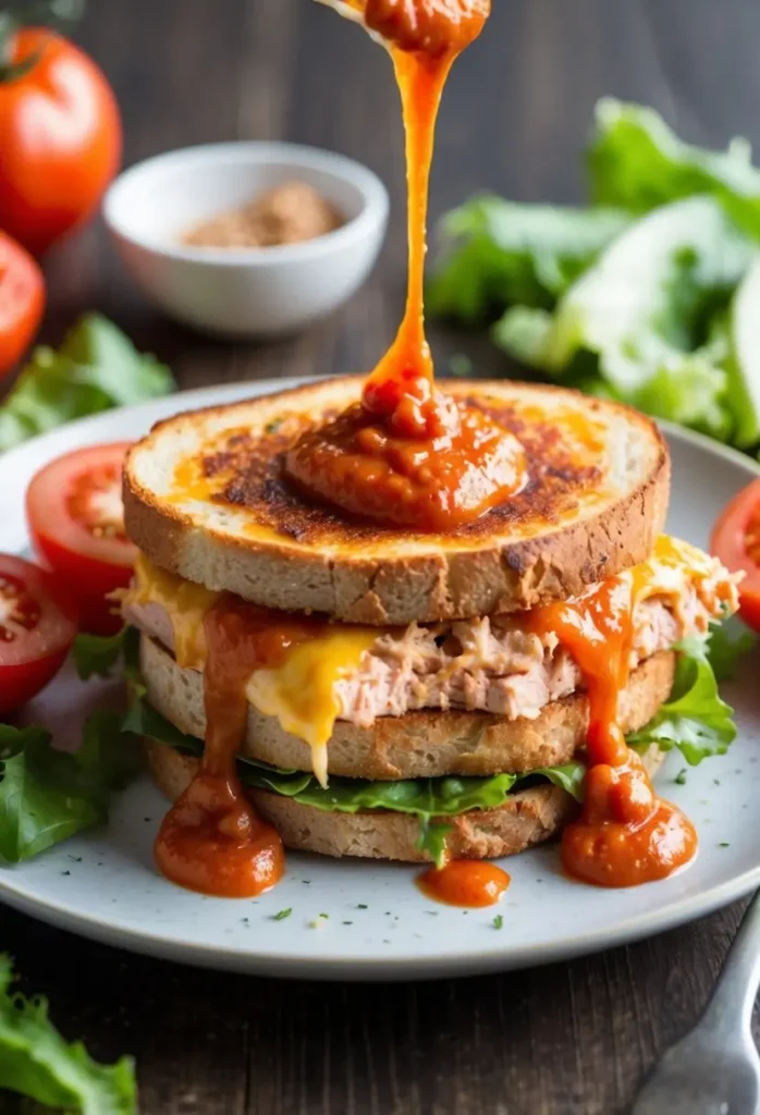 A sizzling tuna melt sandwich with spicy Sriracha sauce oozing out from the melted cheese, surrounded by fresh ingredients like tomatoes and lettuce