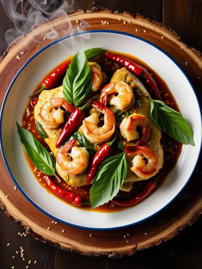 A steaming plate of shrimp and chicken, served with a rich, flavorful sauce. The dish is garnished with fresh basil leaves and red chili peppers, adding a touch of spice and color.