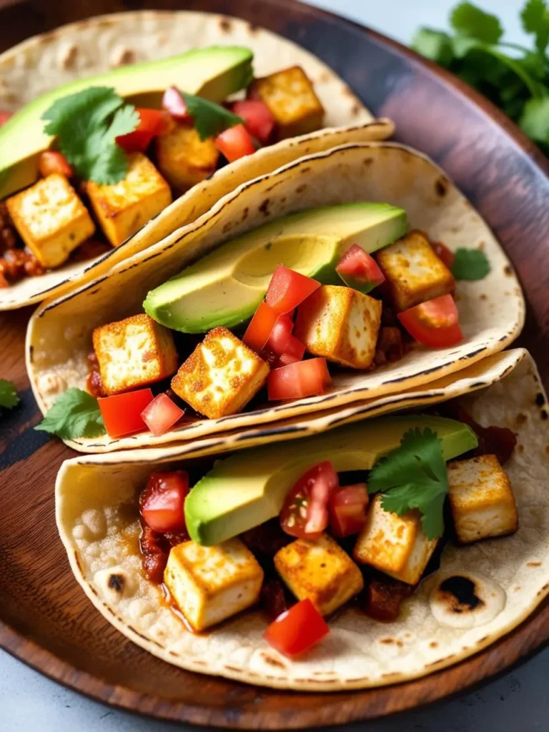 Three tofu tacos filled with tomato, avocado, and cilantro on a wooden plate.