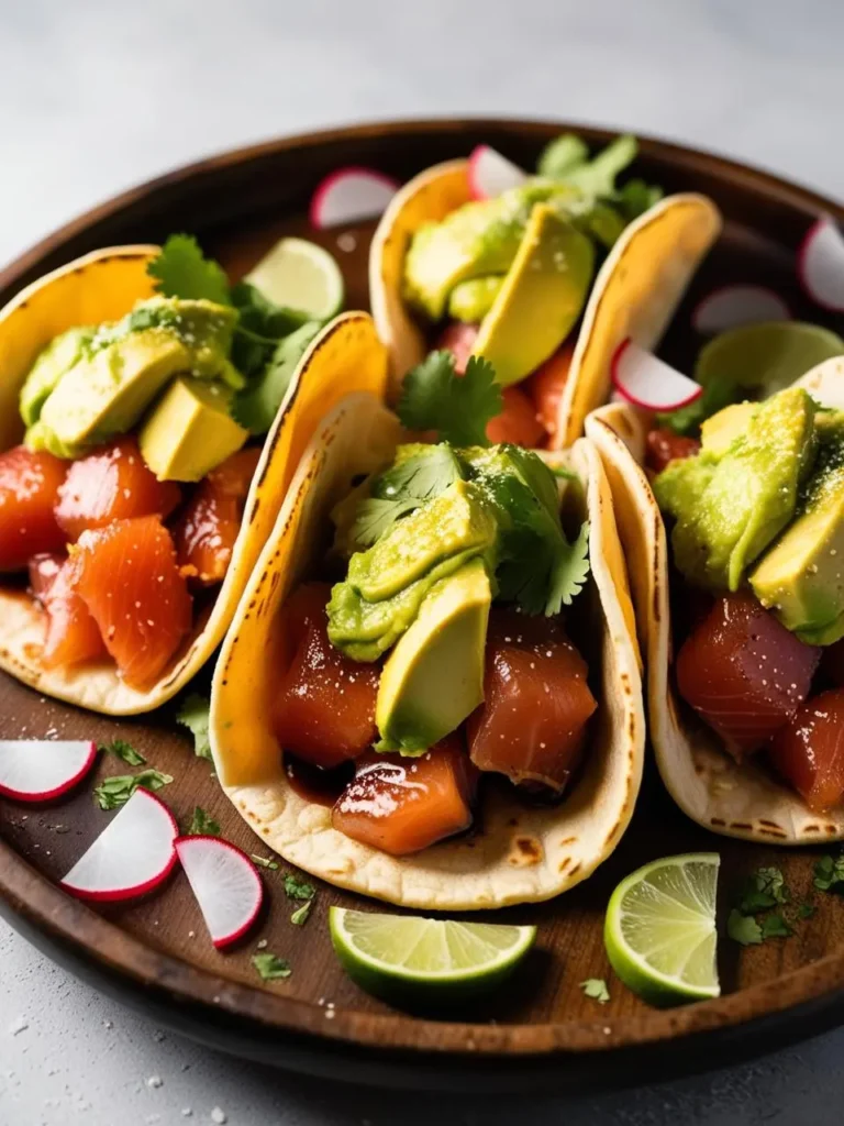 Three salmon tacos with avocado and radish slices on a wooden plate.