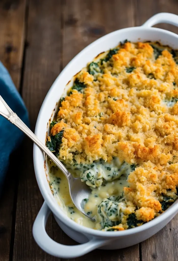 A bubbling casserole dish filled with creamy spinach and artichoke mixture, topped with a golden, crispy breadcrumb crust, sitting on a rustic wooden table