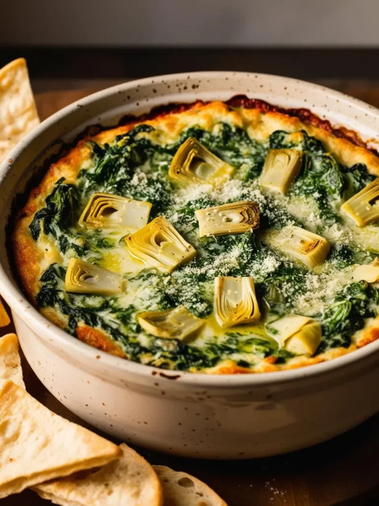 This is an image of a warm spinach and artichoke dip served in a rustic, speckled bowl. The dip is topped with pieces of artichoke and a sprinkle of grated Parmesan cheese. Crisp tortilla chips and sliced bread are placed around the bowl, ready for dipping.