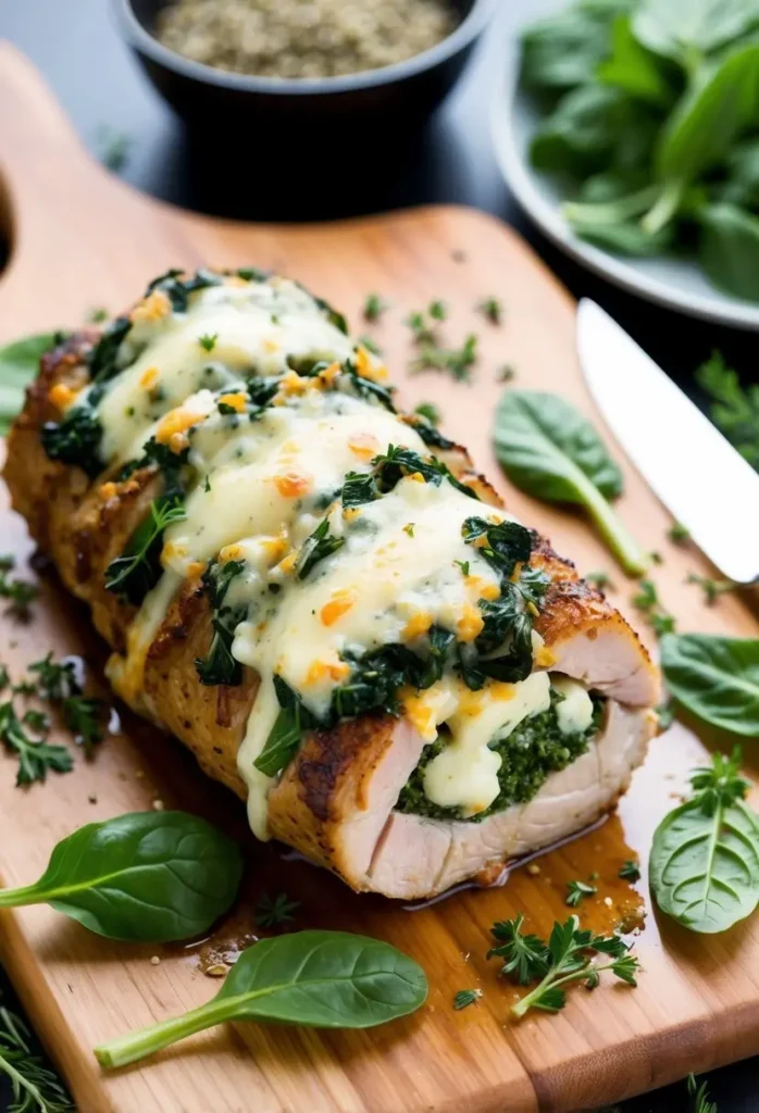 A pork tenderloin stuffed with spinach and cheese, surrounded by fresh herbs and spices, ready to be cooked to perfection