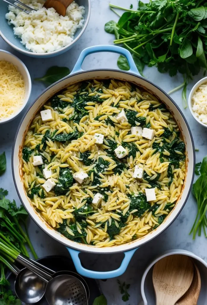 A bubbling casserole dish of orzo pasta mixed with spinach and feta, surrounded by fresh ingredients and kitchen utensils