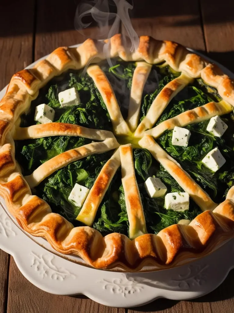 A steaming hot spinach pie with a flaky crust, filled with a creamy spinach filling and chunks of feta cheese.