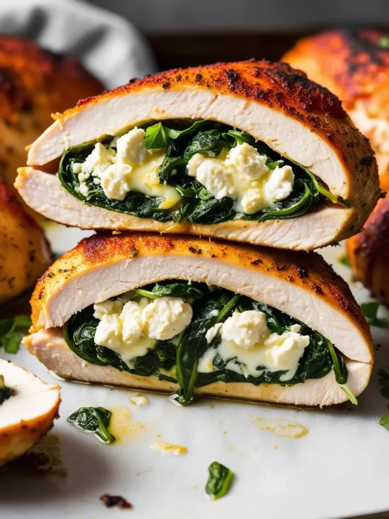 Two golden-brown chicken breasts cut in half, revealing a filling of spinach and feta cheese. The chicken breasts look crispy on the outside and juicy on the inside.