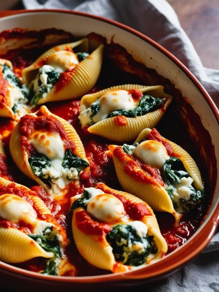 A baking dish filled with large pasta shells stuffed with a creamy mixture of spinach and ricotta cheese. The shells are topped with a rich tomato sauce and melted mozzarella cheese.