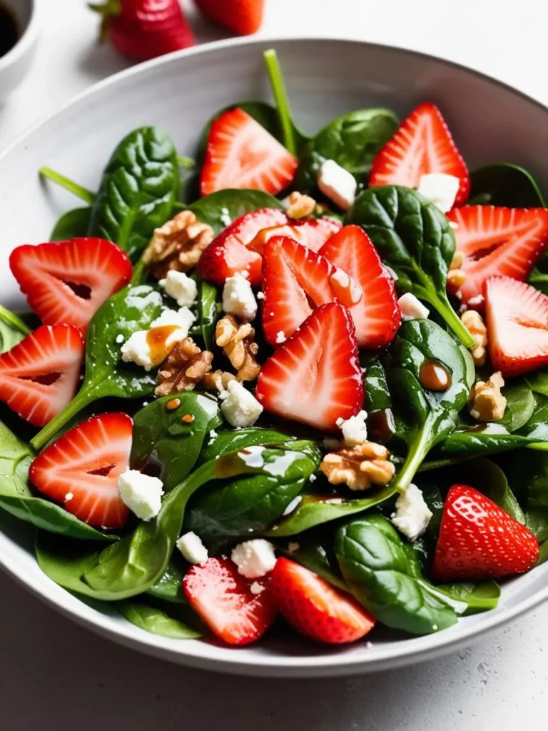 A plate of fresh spinach salad topped with sliced strawberries, crumbled feta cheese, and chopped walnuts. A dark balsamic vinaigrette is drizzled over the salad.