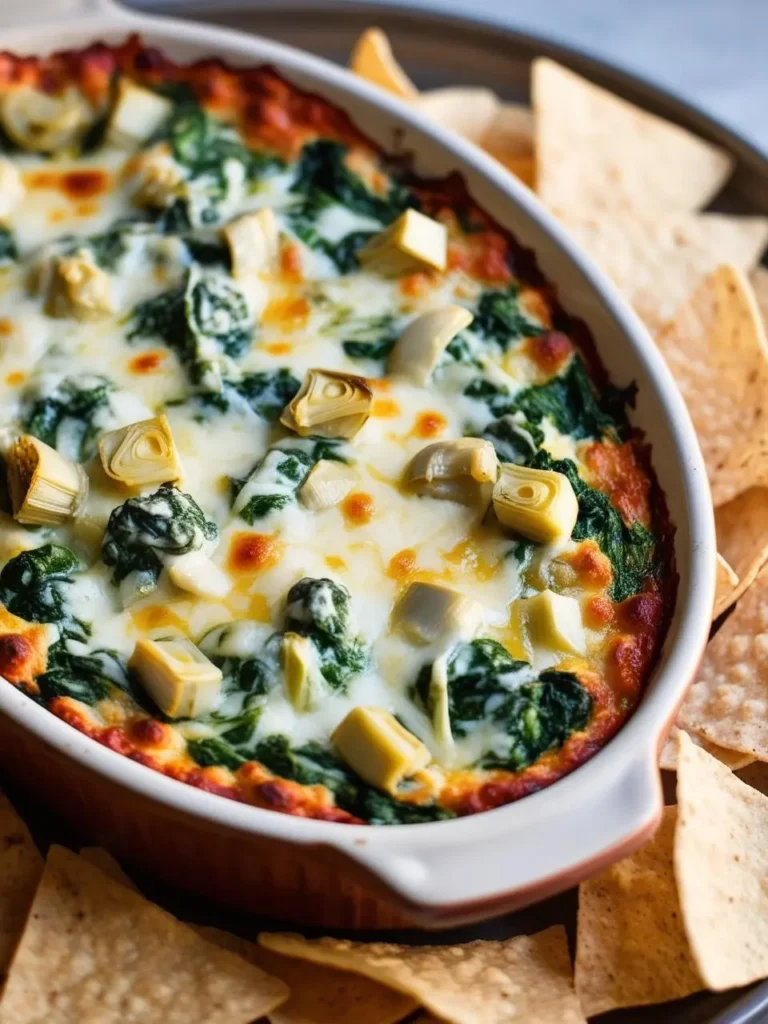 A creamy spinach and artichoke dip, topped with melted cheese and surrounded by tortilla chips.