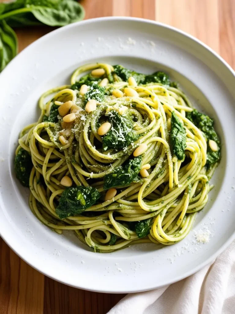 A plate of spaghetti tossed in a vibrant green pesto sauce, topped with toasted pine nuts and grated Parmesan cheese. The dish looks incredibly appetizing and flavorful.