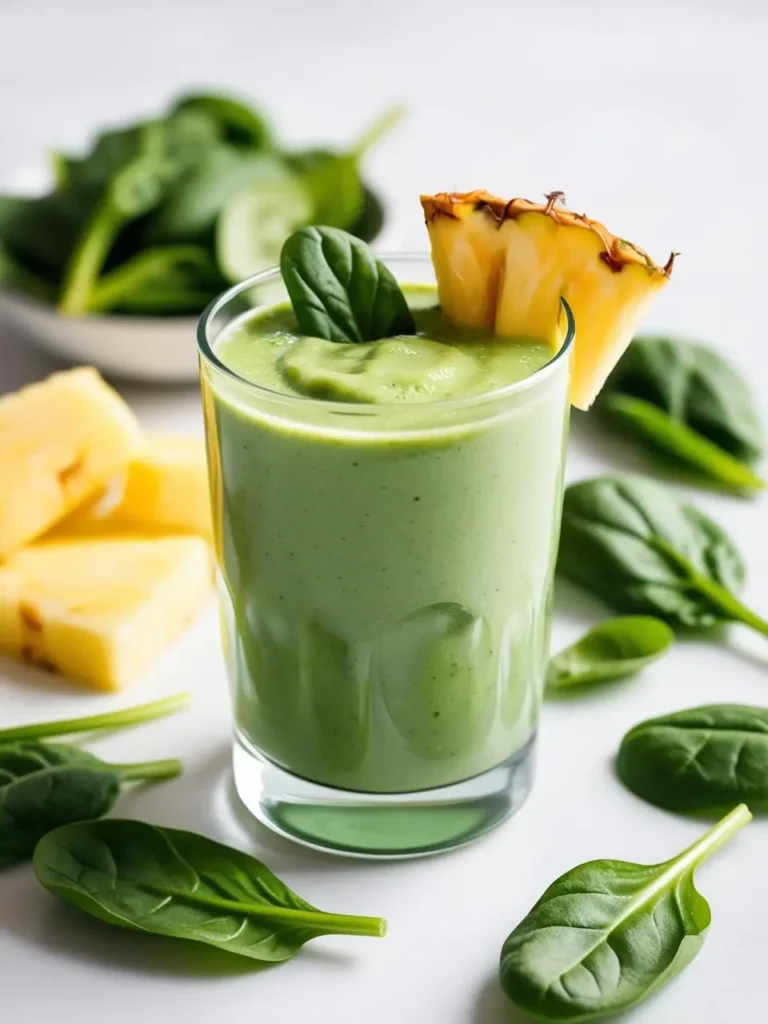 A refreshing green smoothie in a clear glass, garnished with a pineapple wedge. Fresh spinach and pineapple chunks surround the glass, hinting at the smoothie's ingredients.