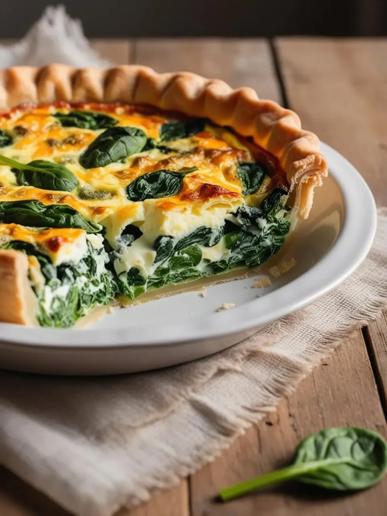 A golden-brown spinach quiche with a flaky crust, filled with a creamy egg custard and topped with melted cheese. A slice has been taken out, revealing the delicious filling.