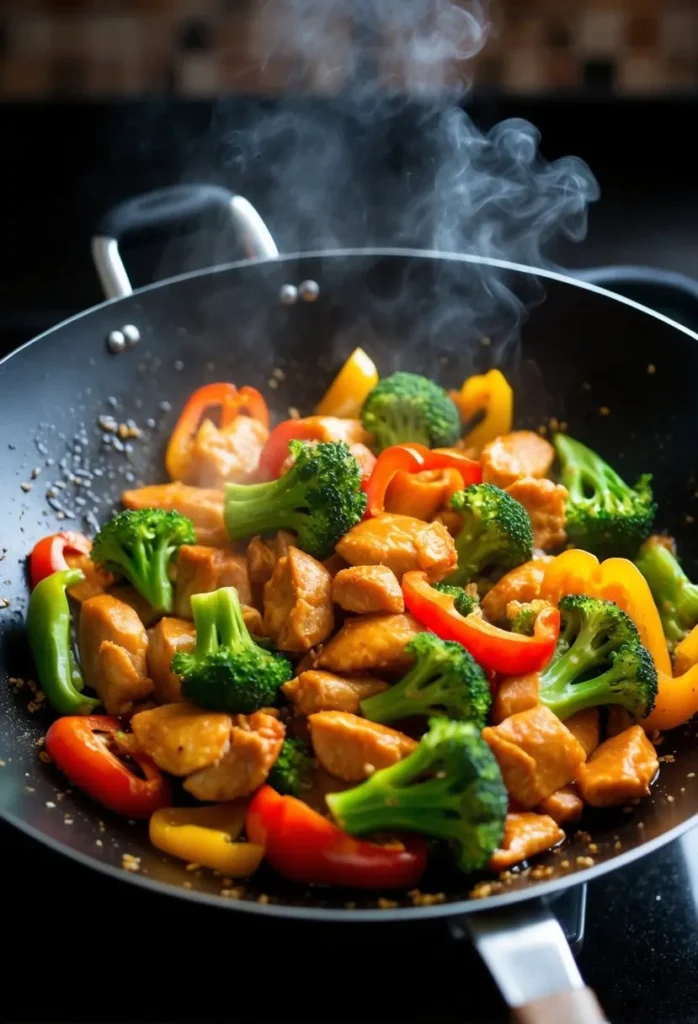 A sizzling wok filled with colorful stir-fried chicken, broccoli, and bell peppers, emitting a tantalizing aroma