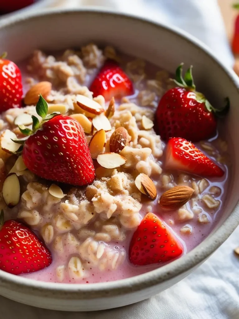 A bowl of strawberry almond oatmeal decorated by fresh strawberries, almonds