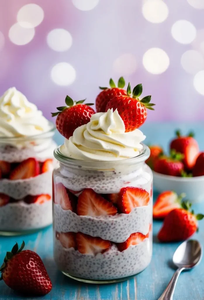 A glass jar filled with layers of strawberry cheesecake chia pudding, topped with fresh strawberries and a dollop of whipped cream