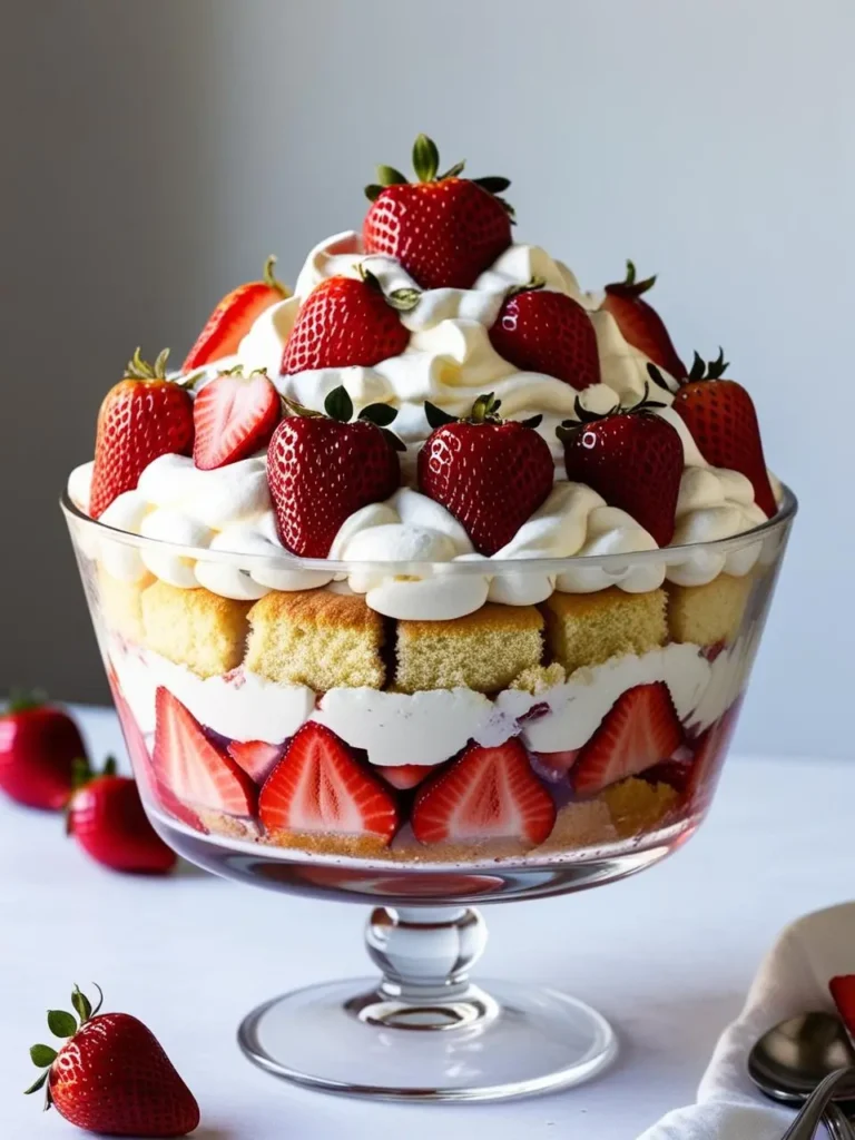 A glass trifle dish layered with sponge cake, strawberries, and whipped heavy cream, garnished with fresh berries and mint leaves