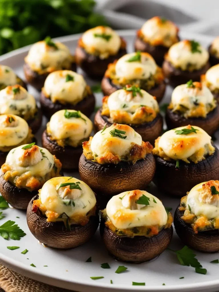 A platter of baked stuffed mushrooms with a creamy filling, topped with melted cheese and fresh parsley. The mushrooms look golden brown and delicious, perfect for a party appetizer.