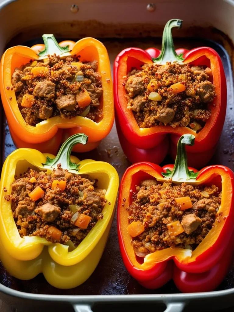 Four stuffed bell peppers with quinoa and ground beef filling.