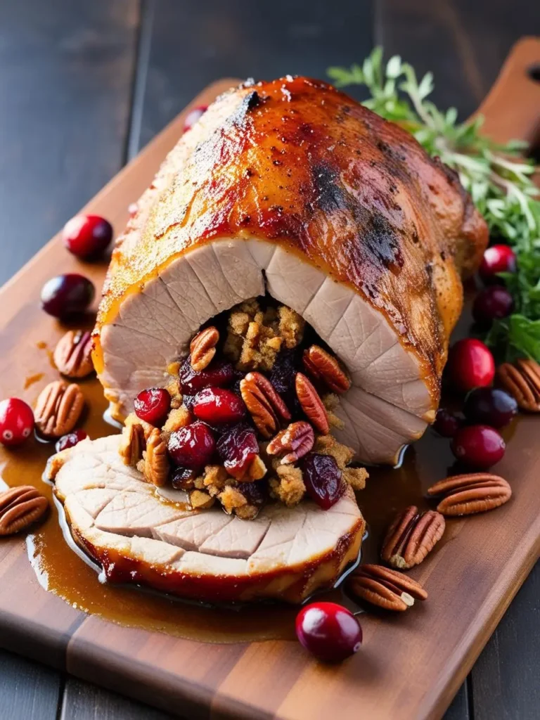 A plump pork tenderloin, stuffed with cranberries and pecans, sits on a wooden cutting board, surrounded by scattered ingredients