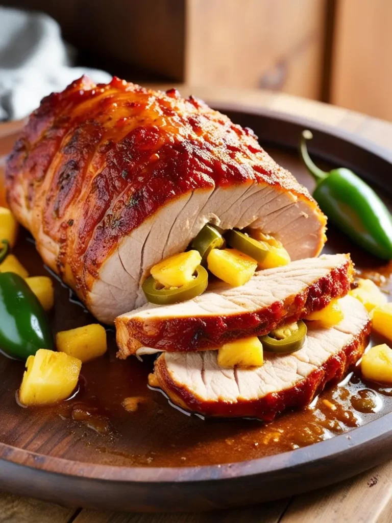 A sliced pork loin stuffed with pineapple and jalapeno peppers.