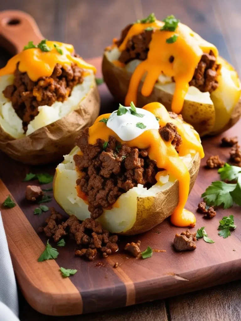 Three loaded baked potatoes filled with ground beef and melted cheese, topped with sour cream and fresh parsley. The potatoes look incredibly delicious and satisfying.