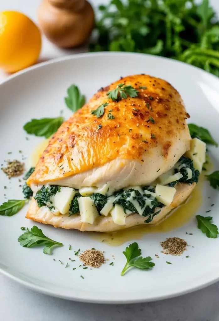 A golden-brown chicken breast stuffed with spinach and cheese, surrounded by colorful herbs and spices on a clean white plate