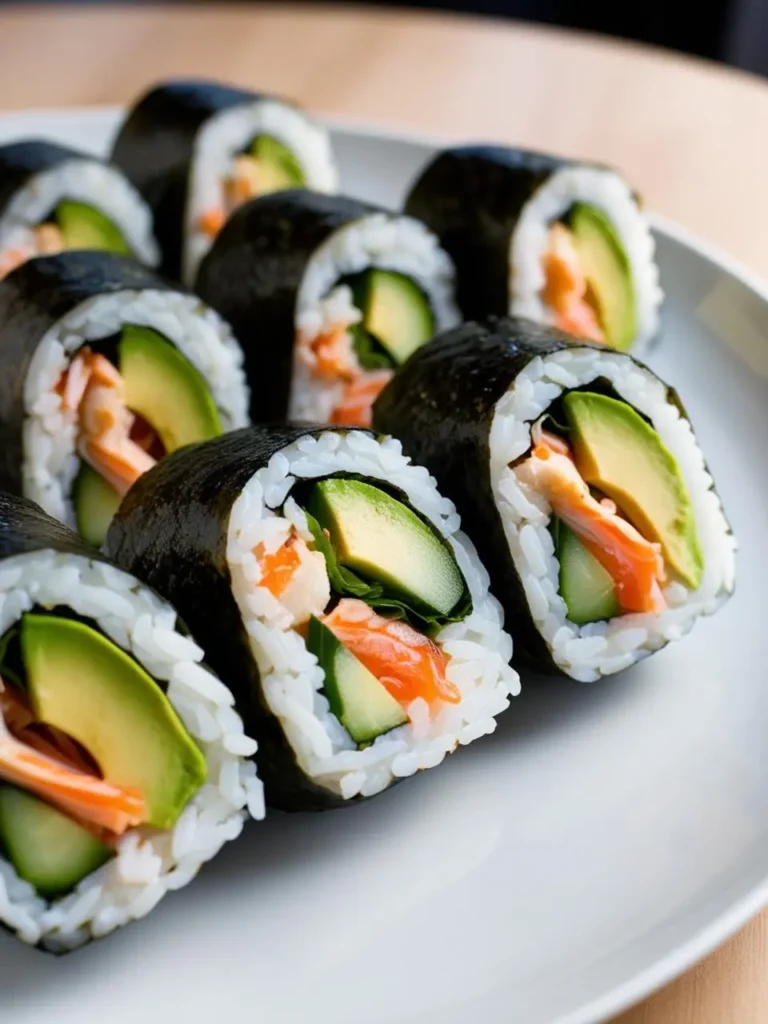 A plate of California rolls, a type of sushi roll filled with crab, avocado, and cucumber, wrapped in seaweed and rice. The rolls are cut into bite-sized pieces and look delicious.