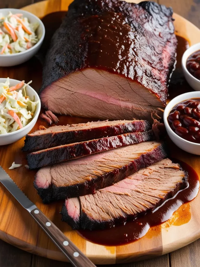 A sliced smoked brisket on a wooden board with sides of coleslaw and baked beans.