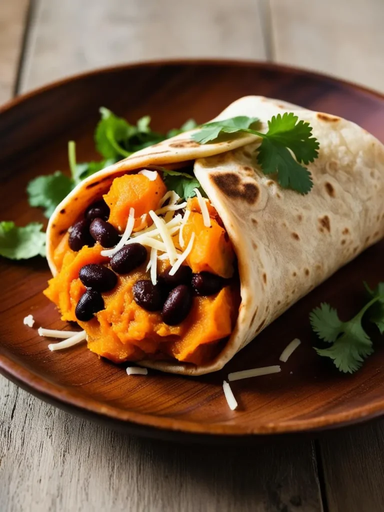 A flavorful breakfast burrito filled with mashed sweet potatoes, black beans, and shredded cheese, garnished with fresh cilantro. Wrapped in a lightly toasted tortilla, the vibrant orange and black filling creates a striking visual contrast. Served on a rustic wooden plate, it offers a hearty and nutritious start to the day.