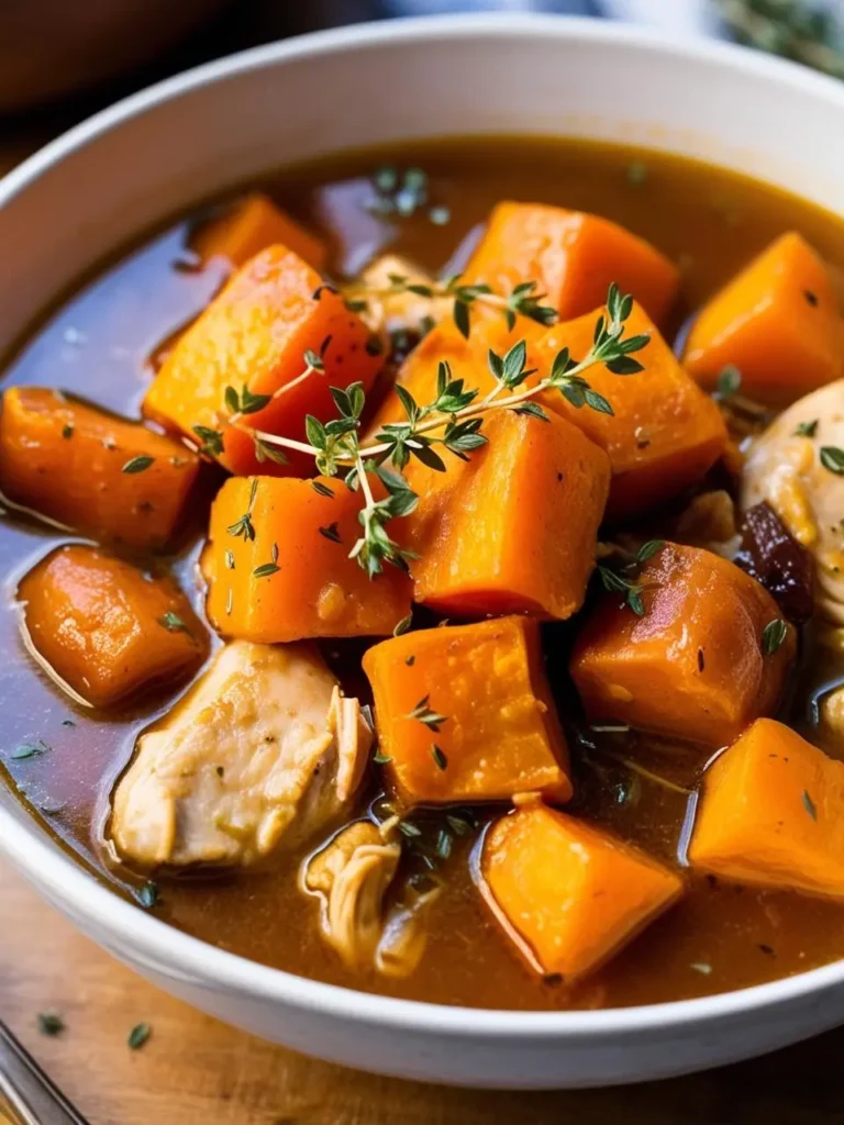 Bowl of hearty chicken stew with large chunks of tender sweet potatoes, shredded chicken, and fresh thyme leaves in a rich, savory broth. A warm, comforting dish perfect for cozy dinners and nourishing meals