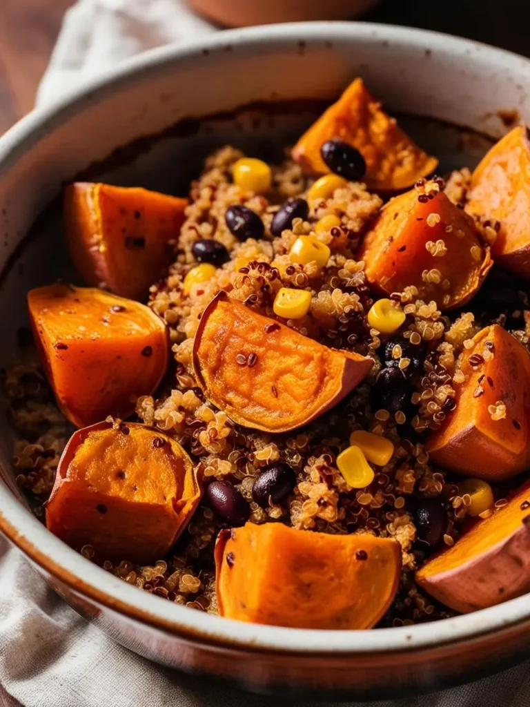 A colorful casserole dish filled with layers of sweet potato, quinoa, and assorted vegetables, topped with a golden, crispy crust