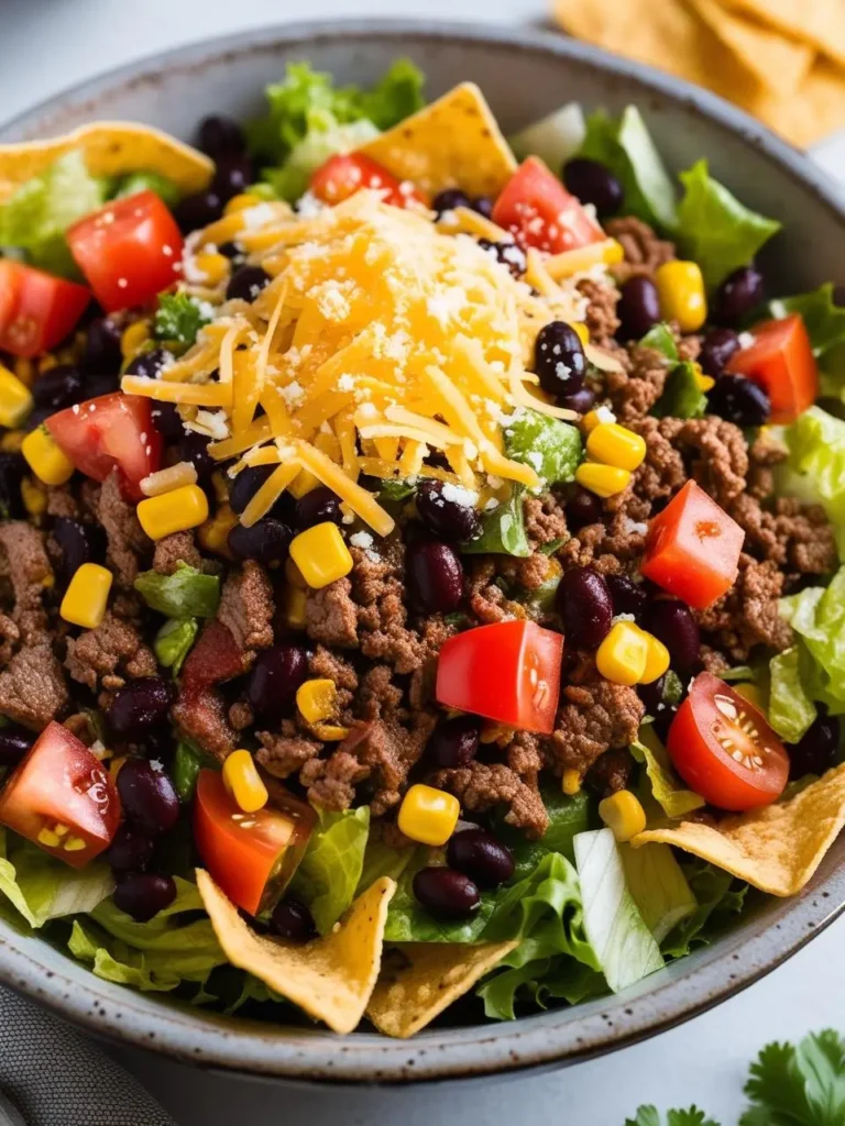 A hearty taco salad with ground beef, black beans, corn, tomatoes, lettuce, and shredded cheese. The salad is served in a bowl with tortilla chips, making it a satisfying and flavorful meal.