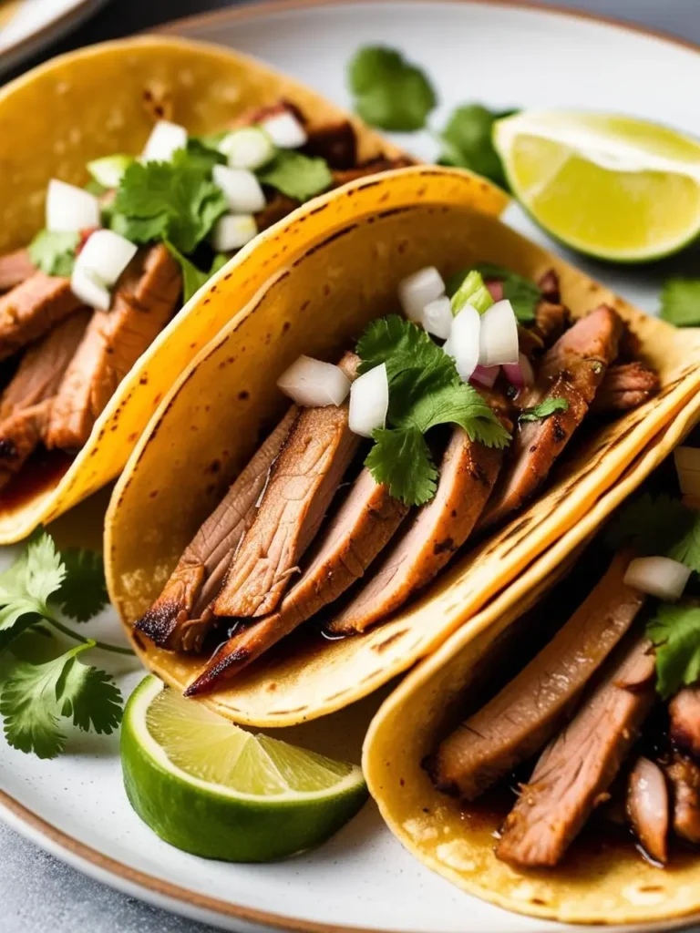 Three tacos filled with juicy, seasoned pork and topped with fresh cilantro and onions. The tacos look delicious and ready to be enjoyed.